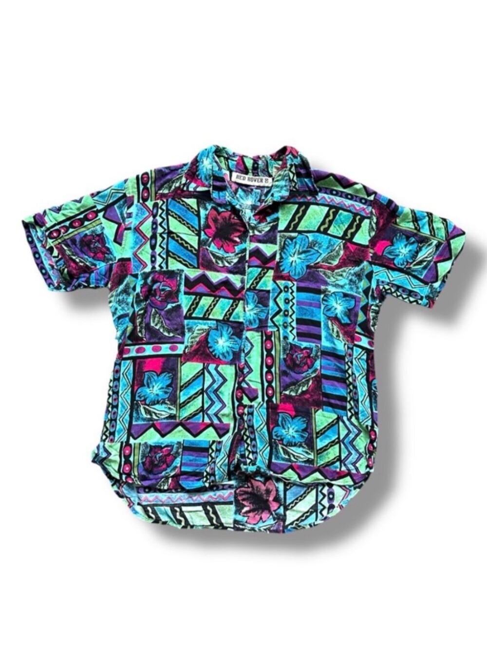 Vintage Colorful Tropical Short Sleeve Button Up Top Women's Size Medium Summer